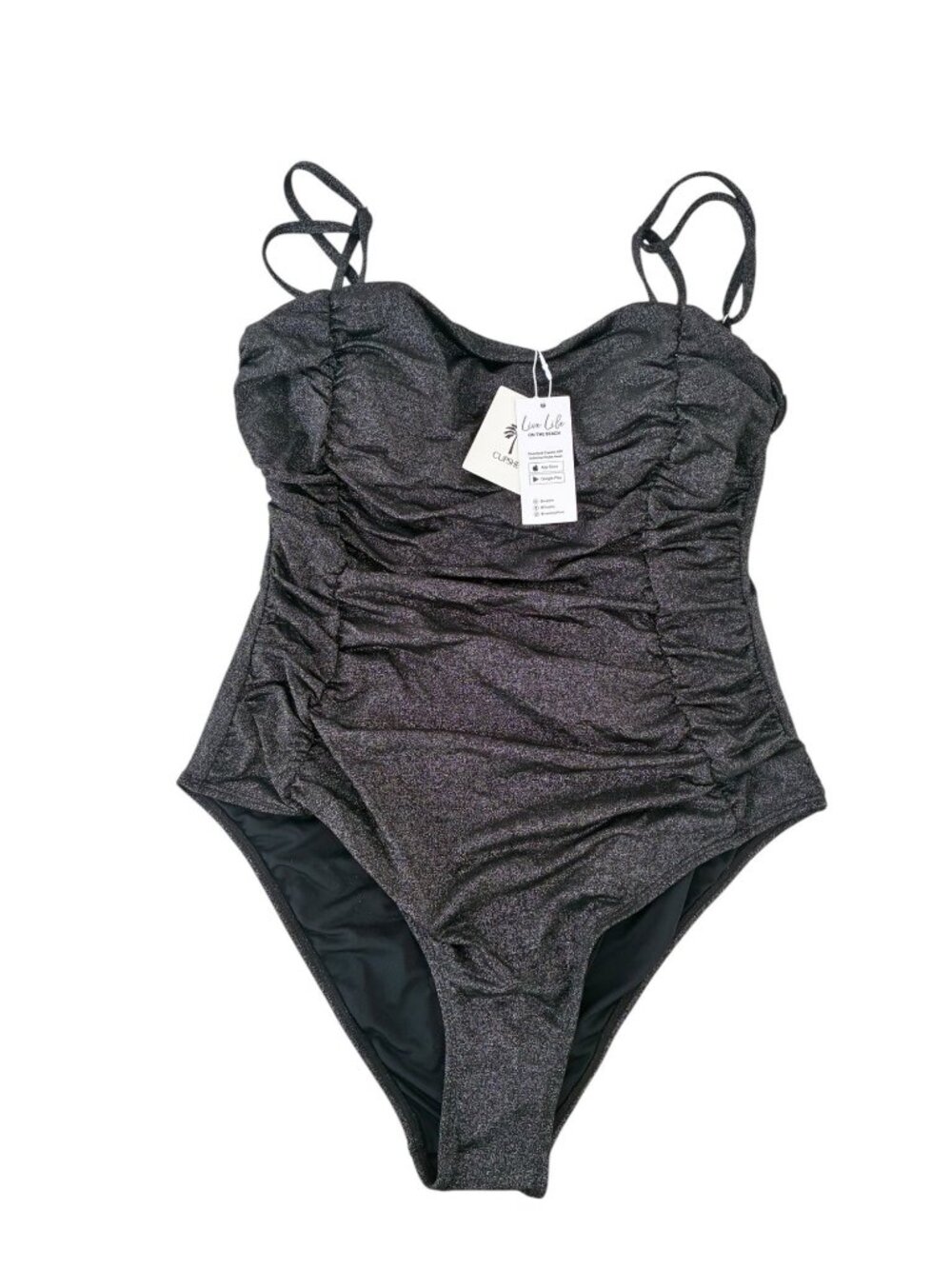 Cupshe Black Silver Shimmer Ruched One-Piece Swimsuit Adjustable Size Large NWT